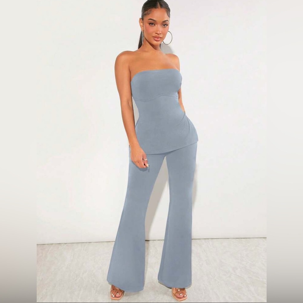 Strapless crop top and flare pants set